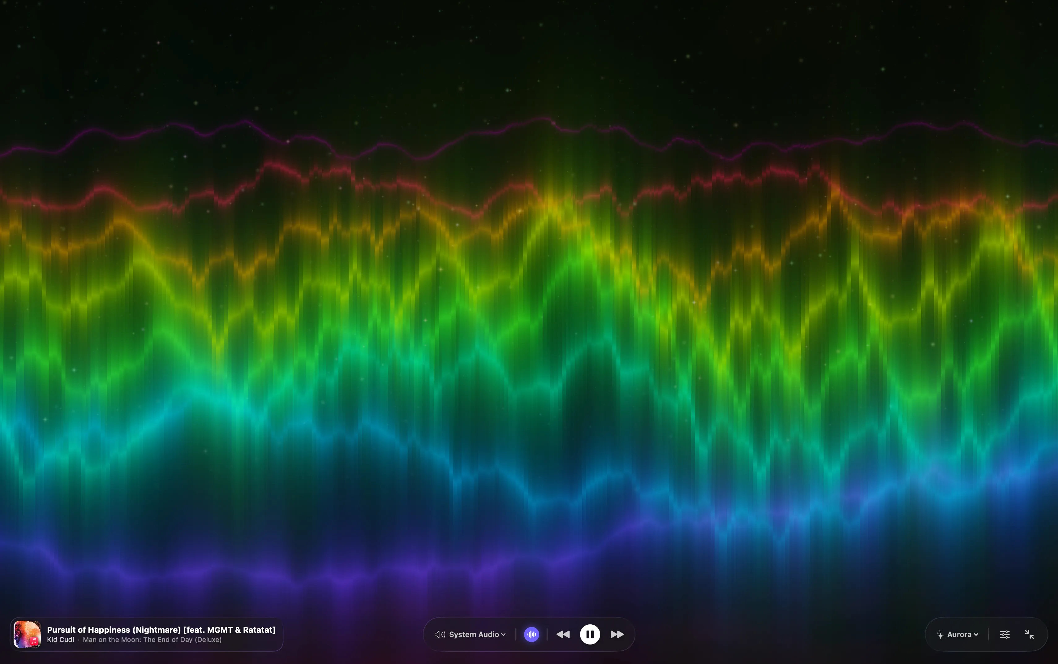 The Aurora visualizer: stacked ribbons of violet, blue, green, gold and red rippling across a starfield like northern lights.