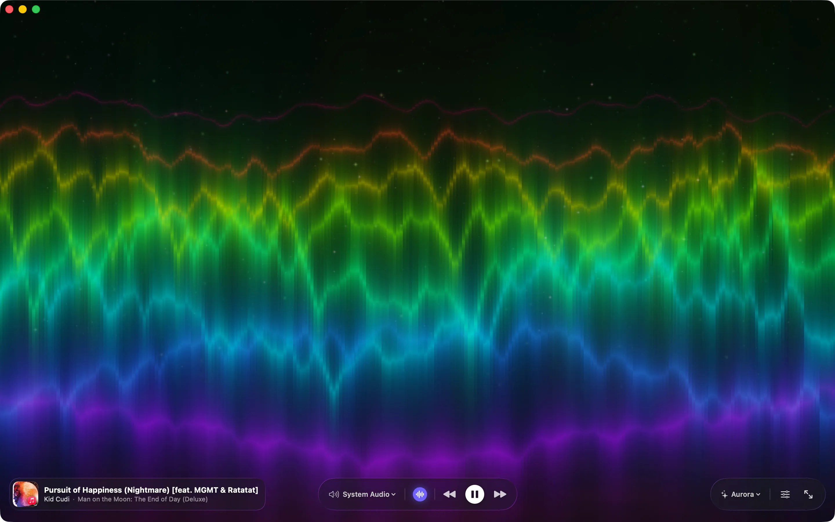 Synesthia in a window running Aurora: stacked ribbons of violet, blue, green, gold and red rippling across a starfield like northern lights.