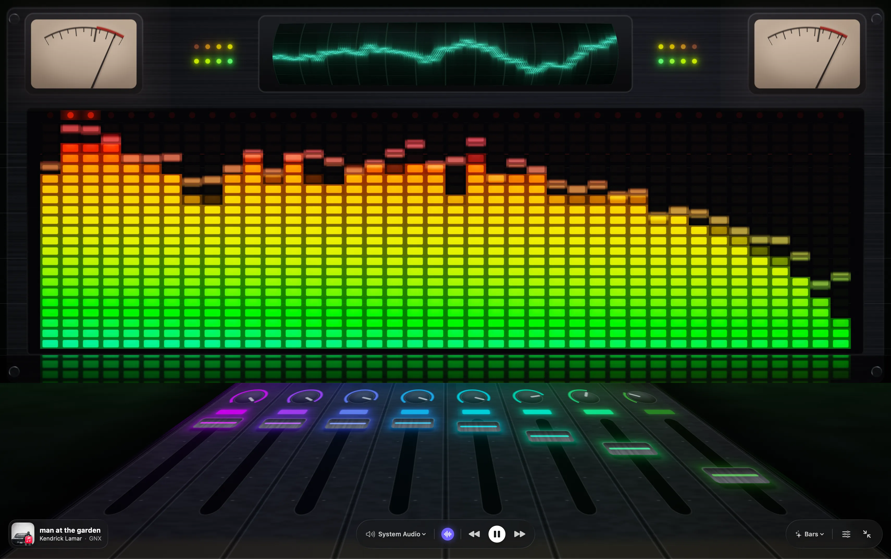 The Bars visualizer: a mixing console drawn in perspective, with a wall of green-to-red LED meter columns, two lamp-lit VU needles either side of a waveform scope, and a row of lit faders receding below.