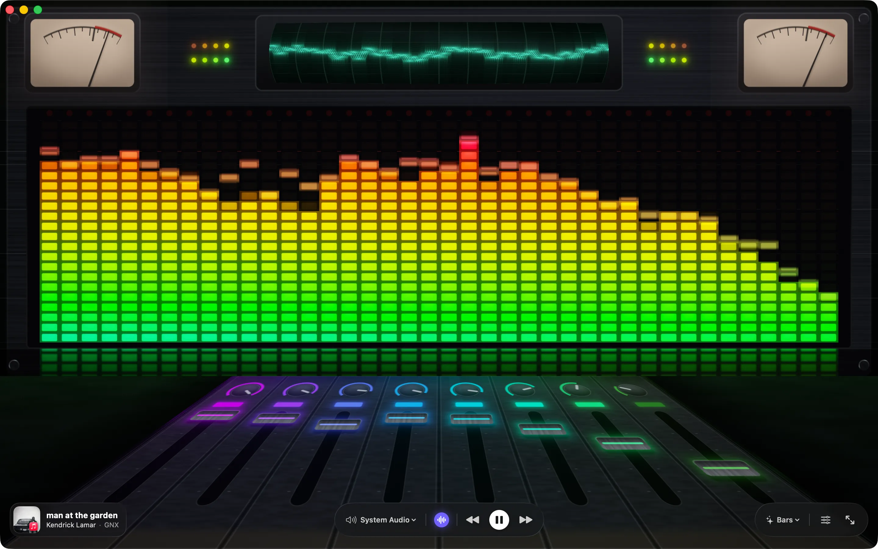 Synesthia in a window running Bars: a mixing console drawn in perspective — a wall of green-to-red LED meter columns with peak-hold caps, two lamp-lit VU needles and a green waveform scope above it, and a row of lit faders receding below.