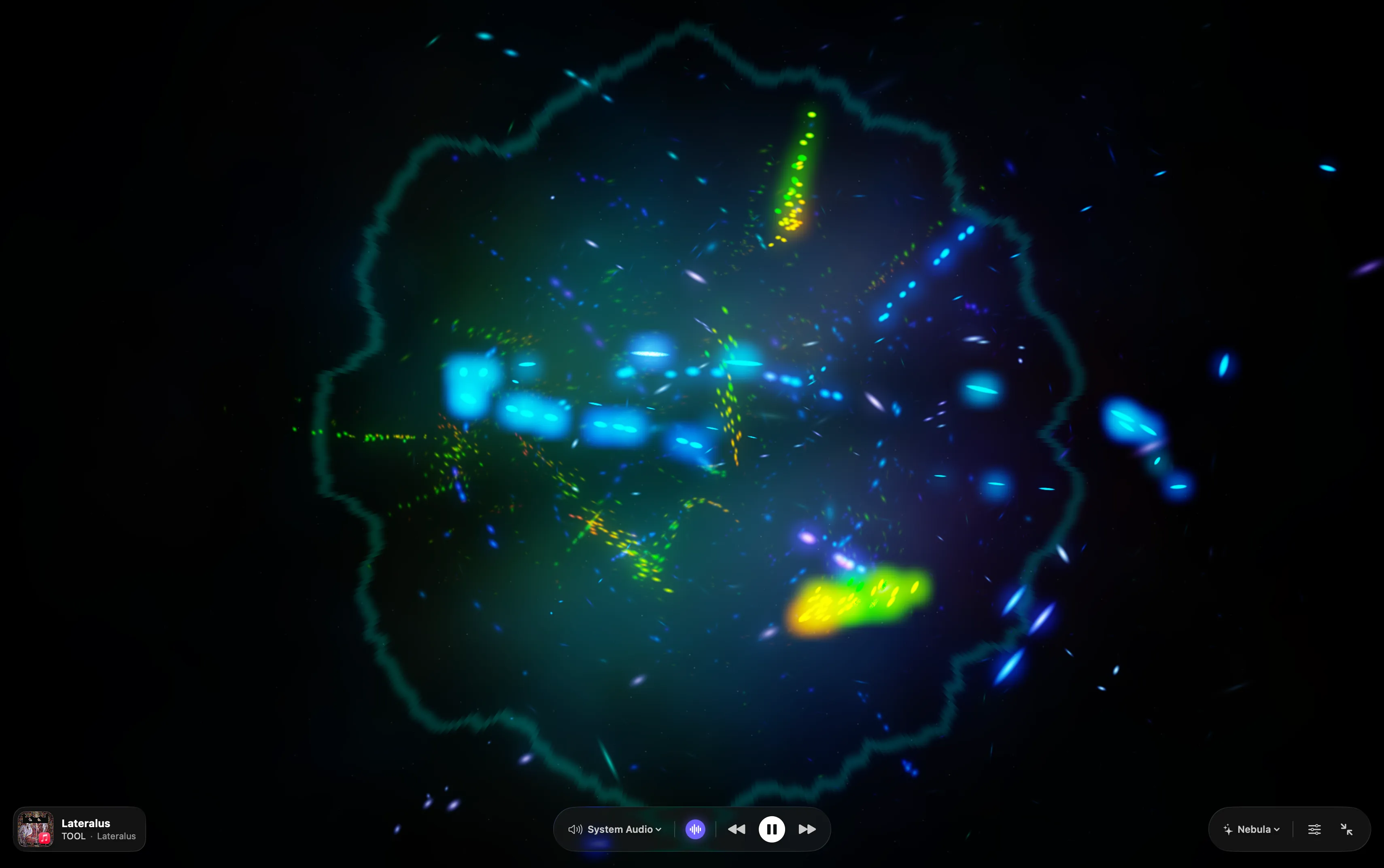 The Nebula visualizer: a cloud of blue, green and gold particles hanging on black inside a faint ring.