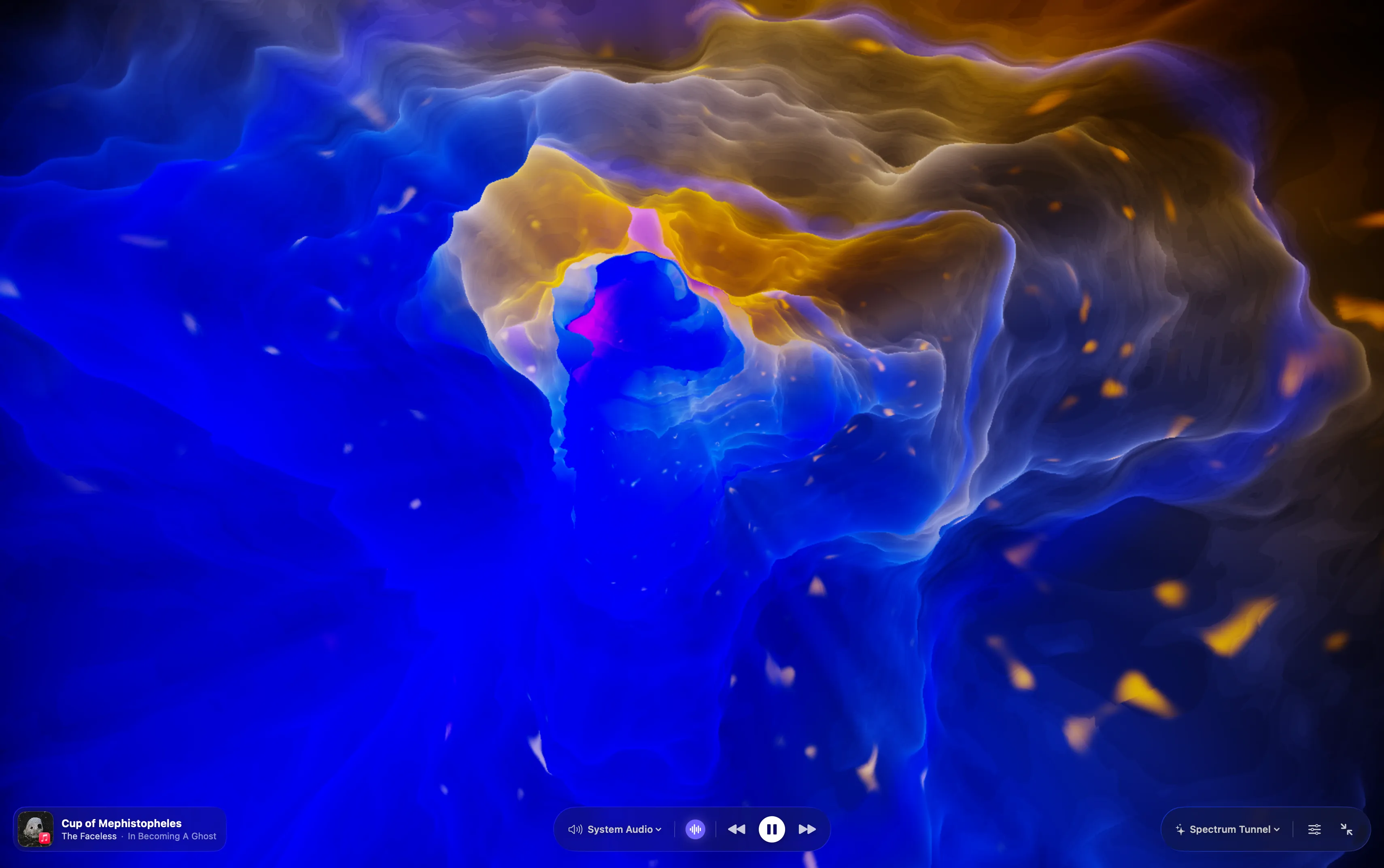 The Spectrum Tunnel visualizer: the inside of a cave of glowing blue and gold rock and steam, lit from within, curving away out of sight.