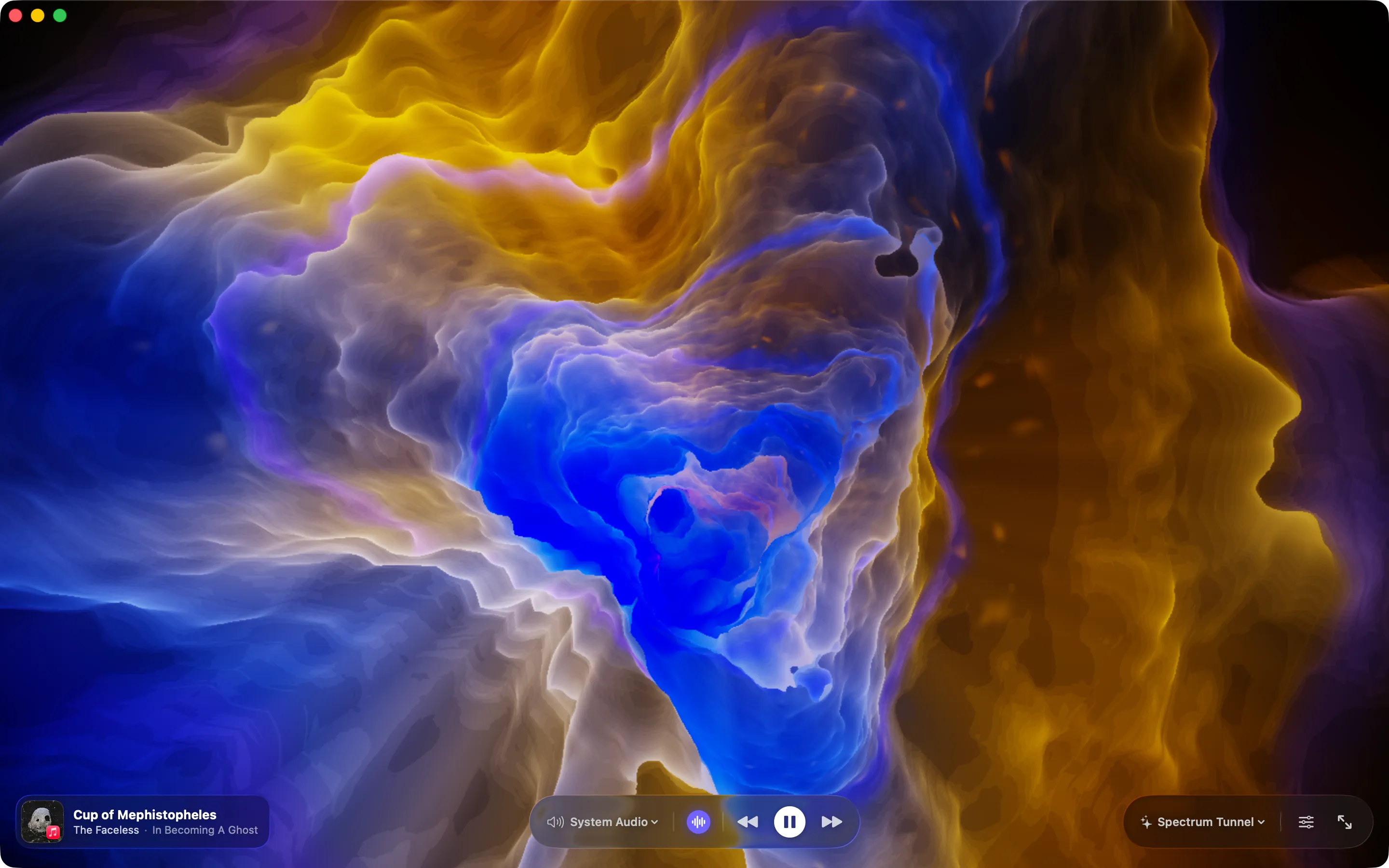 Synesthia in a window running Spectrum Tunnel: the inside of a cave of glowing blue and gold rock and steam, lit from within, curving away out of sight.